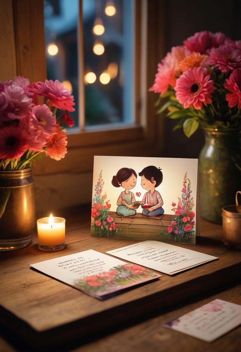 A whimsical scene featuring a collection of unique greeting cards, each card showcasing different themes of love and humor, like a silly cartoon couple, a heartfelt romantic quote, and a playful pun. The cards should be artistically arranged on a rustic wooden table surrounded by vibrant flowers and warm candlelight, creating a cozy atmosphere. This visually engaging setup should evoke feelings of joy and affection. vibrant colors. soft lighting. 3D.